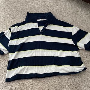 Cropped collared top-large white+navy horizontal and small neon yellow stripes